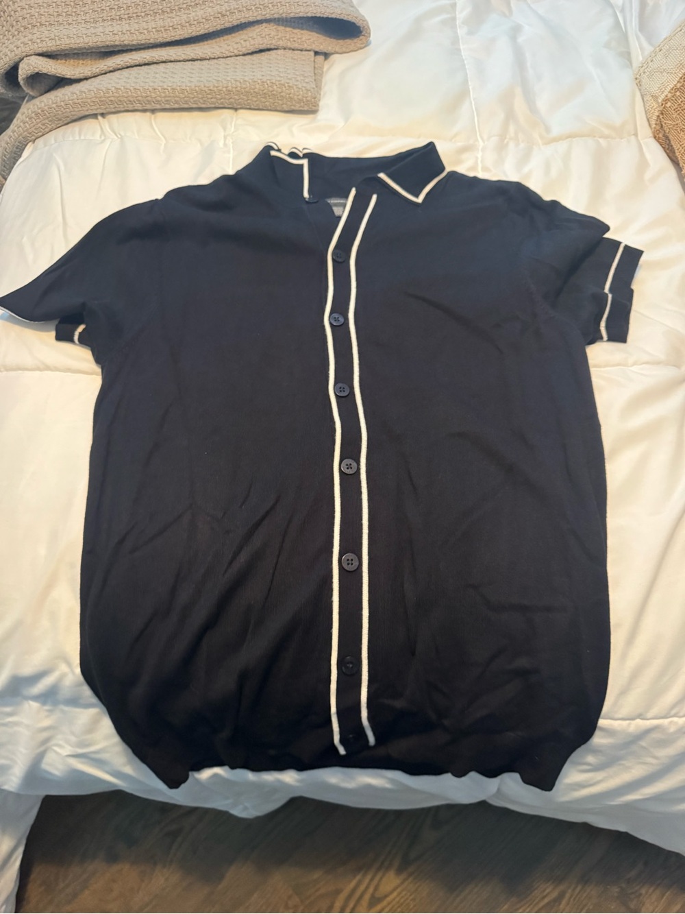 Men's Black Polo-Style Buttoned Shirt with White Trim